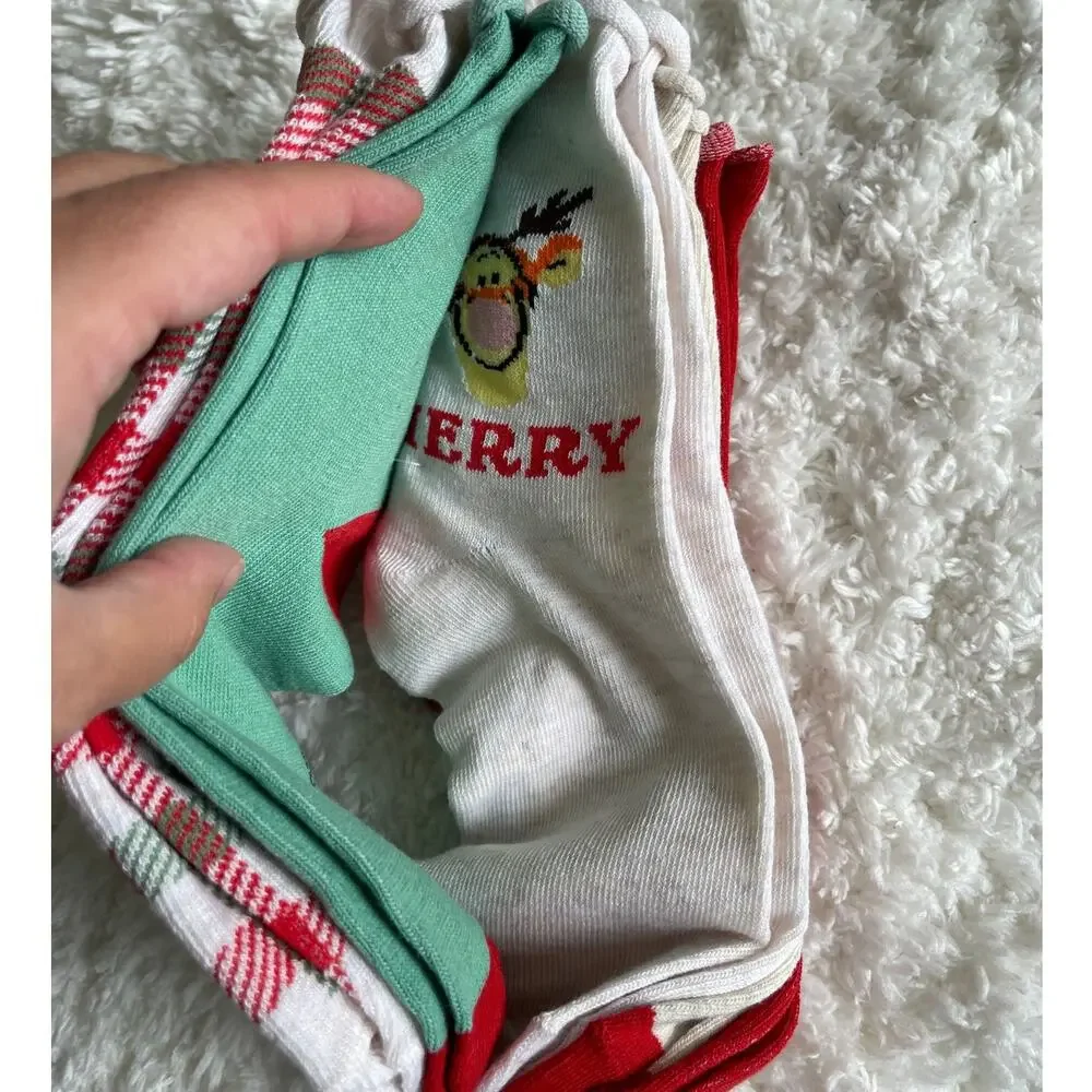 Disney Winnie The Pooh Christmas Holiday Plaid Colorful Socks 5 Pairs NEW